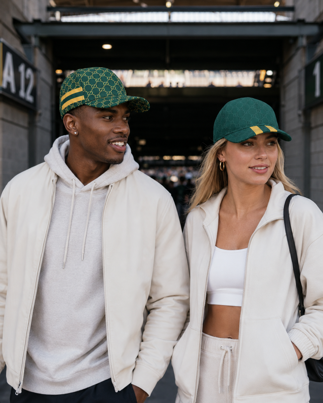 Headwear24 stadium campaign — couple in matching caps